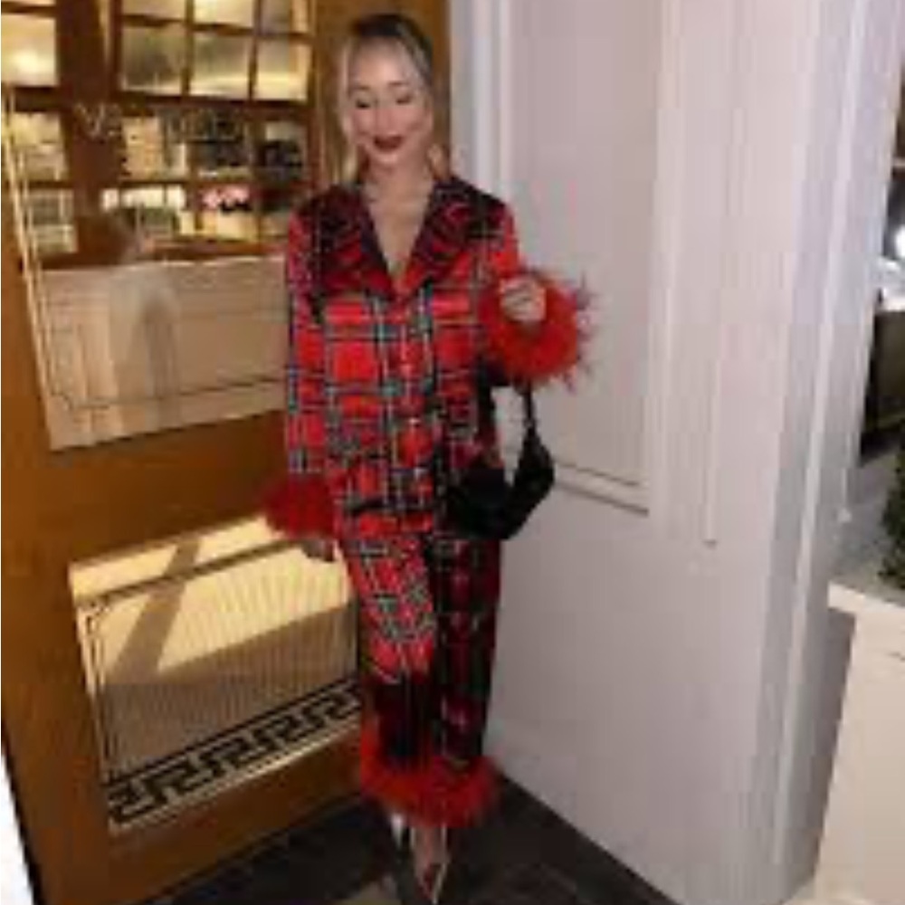 Red Plaid Pajama Set with Feather Trim